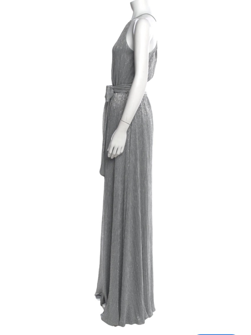 Halston Silver Metallic Pleated Halter Gown